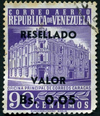 Venezuela - 1965 - Oficina Principal de Correos Caracas Aereo Resellado - 0.05Bs sobre 90C