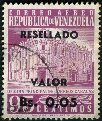 Venezuela - 1965 - Oficina Principal de Correos Caracas Aereo Resellado - 0.05Bs sobre 95C