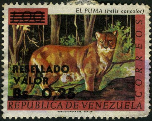 Venezuela - 1970 - Fauna El Puma Felis concolor Resellado Valor - 0.25Bs sobre 1Bs