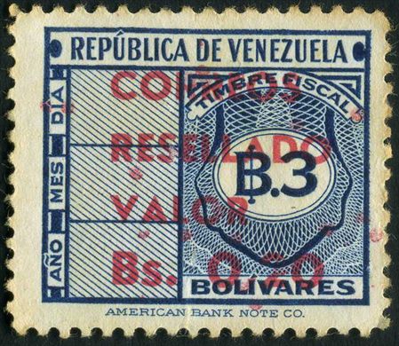 Venezuela - Sem Data - Timbre Fiscal Resellado Correos - 3Bs