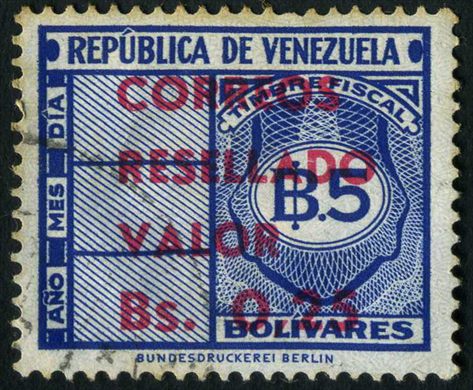 Venezuela - Sem Data - Timbre Fiscal Resellado Correos - 5Bs