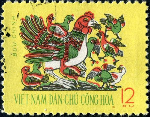 Vietname do Norte - Sem Data - Pintura Dong Ho - Galinha e Pintainhos - 12Xu