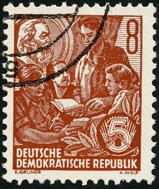 Alemanha Oriental - 1953 - Funfjahresplan - Studenten com Karl Marx - 8Pf
