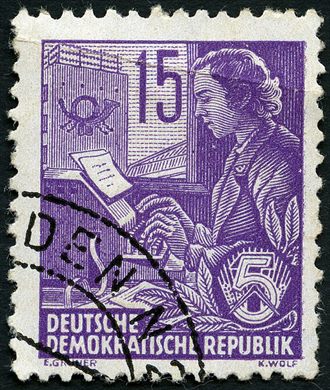 Alemanha Oriental - 1953 - Funfjahresplan - Frau am Fernschreiber - 15Pf