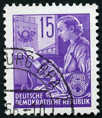 Alemanha Oriental - 1953 - Funfjahresplan - Frau am Fernschreiber - 15Pf