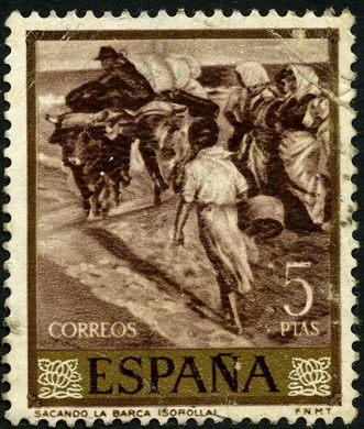 Espanha - 1964 - Pintores Sorolla - Sacando la barca - 5Ptas