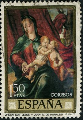 Espanha - 1970 - Pintor Luis de Morales Virgem com Jesus e Joao - 1Ptas50