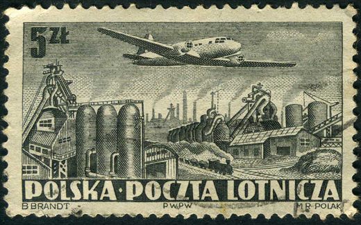 Polonia - 1952 - Correio Aereo - Aviao sobre Industria - 5Zl
