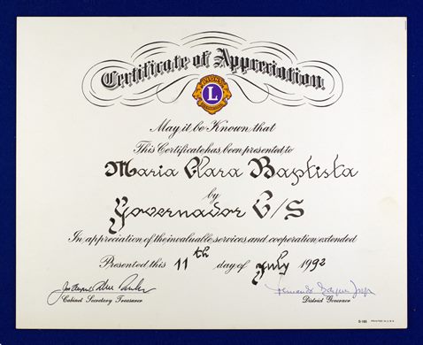 Certificate of Appreciation - 1992 - Maria Clara Baptista