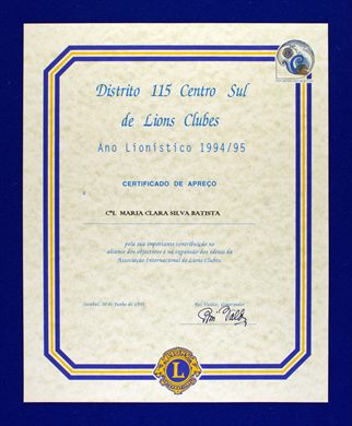 Distrito 115 CS de Lions Clubes 1994-1995 Certificado de Apreco - Maria Clara Baptista