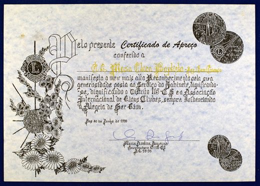 Governador D115-CS 1997-98 - Certificado de Apreco - Maria Clara Baptista