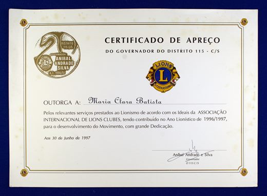 Governador D115 CS - Certificado de Apreco 1997 - Maria Clara Baptista