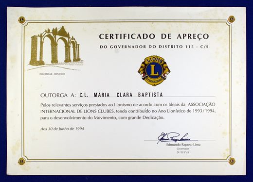 Governador D115 CS 1994 Certificado de Apreco - Maria Clara Baptista