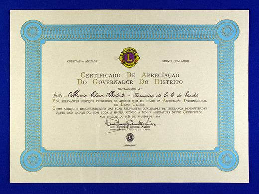 Governador do Distrito 118 1989 Certificado de Apreciacao - Maria Clara Baptista