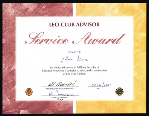 Leo Club Advisor - Service Award - 2008-2009
