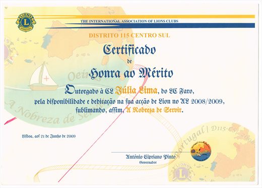 Lions - Distrito 115 Centro Sul - Certificado de Honra ao Merito - 2009-06-21