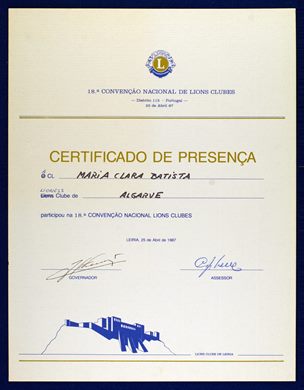 Lions Clube de Leiria - 18a. Convencao Nacional 1987 - Certificado de Presenca - Maria Clara Baptista