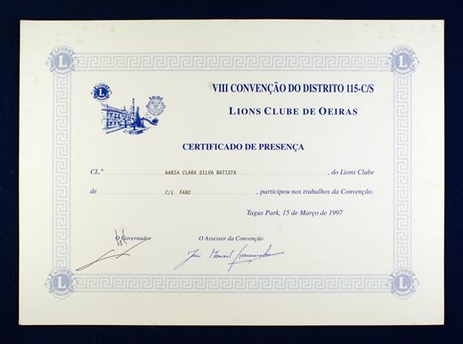 Lions Clube de Oeiras - VII Convencao do Distrito 115 CS - Certificado de Presenca - 1997 - Maria Clara Baptista