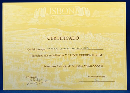 Lions Club - Certificado 33o. Lions Europa Forum - Maria Clara Baptista 1987