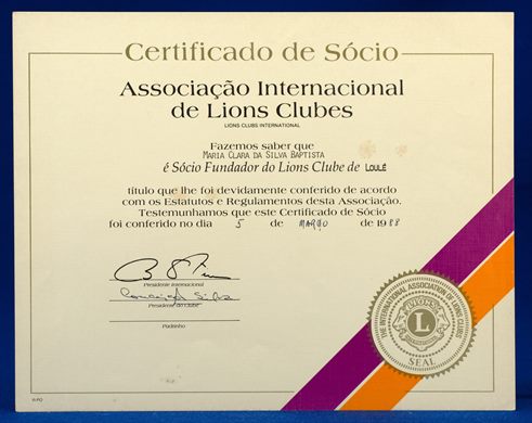 Lions Club - Certificado de Socio - Maria Clara Baptista 1988