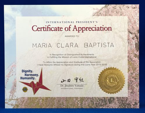 Lions Club - Certificate of Appreciation - Maria Clara Baptista 2015-16