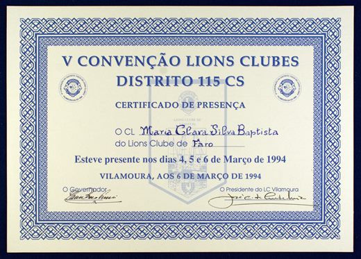 V Convencao Lions Clubes Distrito 115 CS 1994 Certificado de Presenca - Maria Clara Baptista