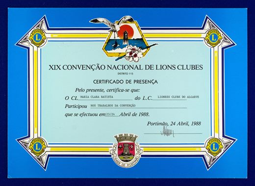 XIX Convencao Nacional de Lions Clubes 1988 Certificado de Presenca - Maria Clara Baptista
