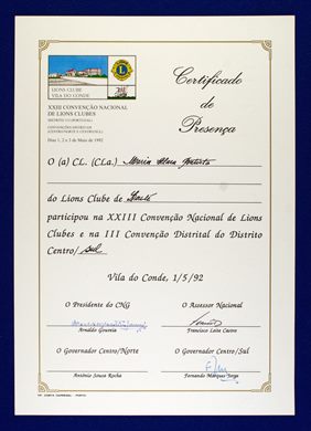 XXIII Convencao Nacional de Lions Clubes DM 115 1992 Certificado de Presenca - Maria Clara Baptista