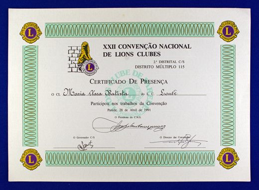 XXII Convencao Nacional de Lions Clubes DM 115 1991 Certificado de Presenca - Maria Clara Baptista