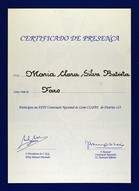 XXIV Convencao Nacional de Lions Clube D115 Certificado de Presenca - Maria Clara Baptista