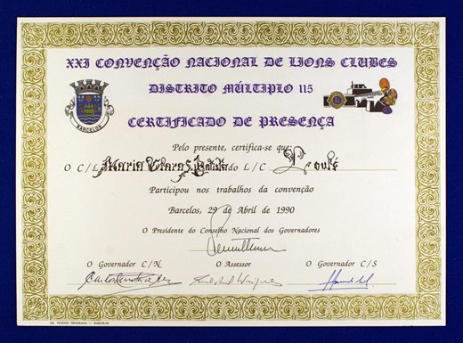 XXI Convencao Nacional de Lions Clubes DM115 1990 Certificado de Presenca - Maria Clara Baptista
