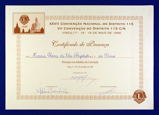 XXVII Convencao Nacional do D115 VII Convencao do D115 CN 1996 Certificado de Presenca - Maria Clara Baptista