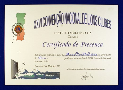 XXVI Convencao Nacional de Lions Clube DM115 Certificado de Presenca 1995 - Maria Clara Baptista