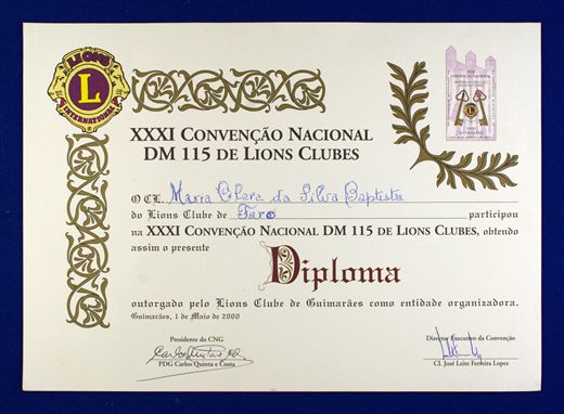XXXI Convencao Nacional DM 115 de Lions Clube Diploma 2000 - Maria Clara Baptista