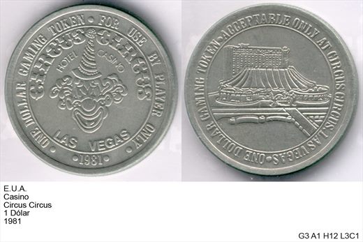 EUA - Nevada - Las Vegas - Circus Circus - Dolar 1 - 1979 - G3 A1 H12 L3C1