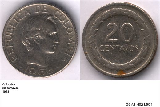 Colombia - Centavo 20 - 1968 - G5 A1 H02 L5C1