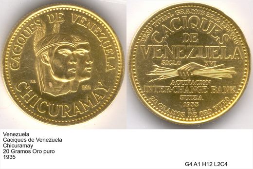 Venezuela - Caciques - Chicuramay - 20 Gramos Oro - 1935 - G4 A1 H12 L2C4