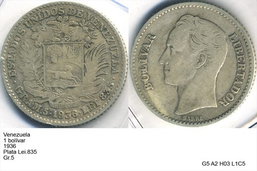 Venezuela - Bolivar 1 - 1936 - G5 A2 H03 L1C5