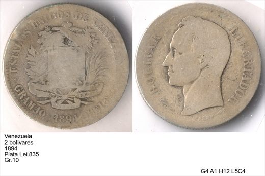 Venezuela - Bolivar 2 - 1894 - G4 A1 H12 L5C4
