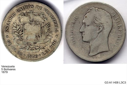 Venezuela - Bolivar 5 - 1879 - G3 A1 H08 L3C3