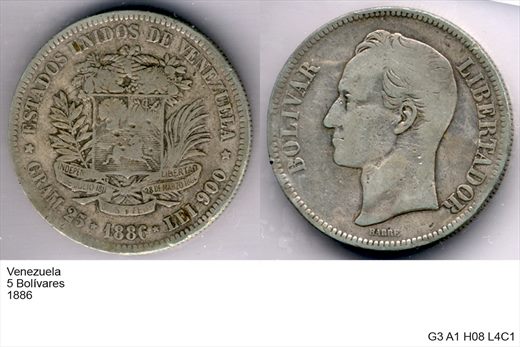 Venezuela - Bolivar 5 - 1886 - G3 A1 H08 L4C1