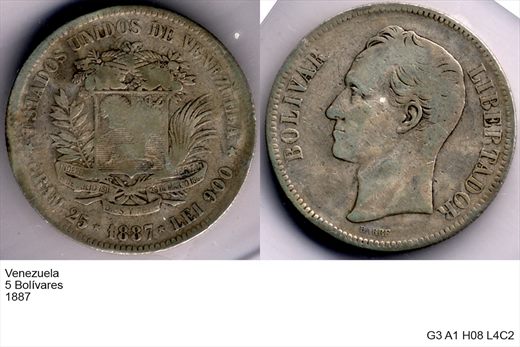 Venezuela - Bolivar 5 - 1887 - G3 A1 H08 L4C2