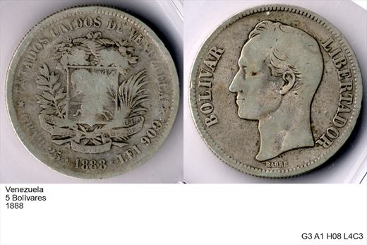 Venezuela - Bolivar 5 - 1888 - G3 A1 H08 L4C3