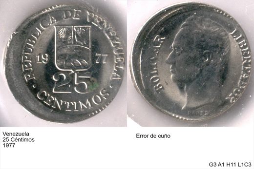 Venezuela - Centimo 25 - 1977 - Defectuosa - G3 A1 H11 L1C3