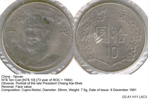 Taiwan - Moneda 10 - 1981 - G3 A1 H11 L4C3