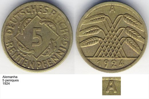 Alemanha - Reichspfennig 5 - 1924 A - G6 A1 H01