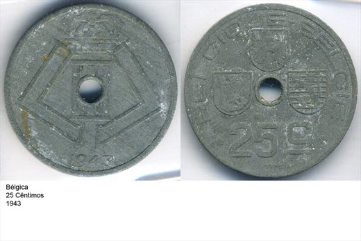 Belgica - Centimo 25 - 1943 - G5 A2 H10 L3C4
