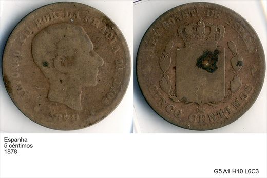 Espanha - Centimo 5 - 1878 - G5 A1 H10 L6C3