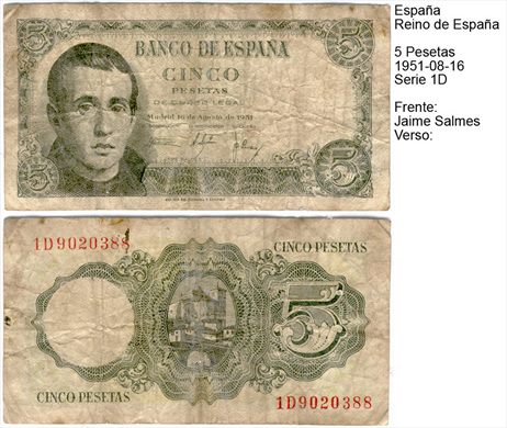 Espanha - Peseta 5 - 1951-08-16 - Serie 1D