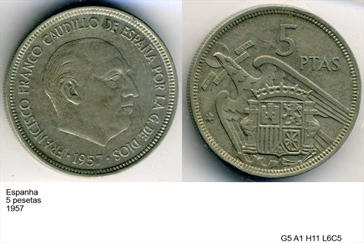 Espanha - Peseta 5 - 1957 - G5 A1 H11 L6C5